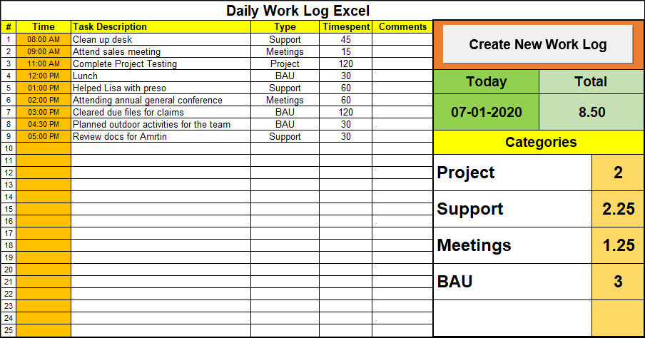 Daily Work Log Excel