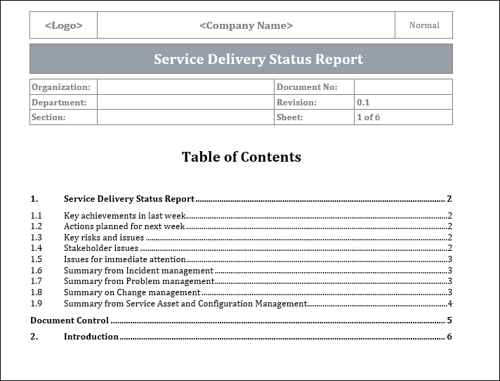 Service Delivery Status Report, Service Delivery