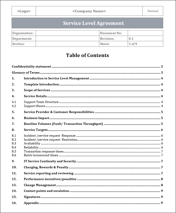 Service Level agreement Template, Service Level agreement