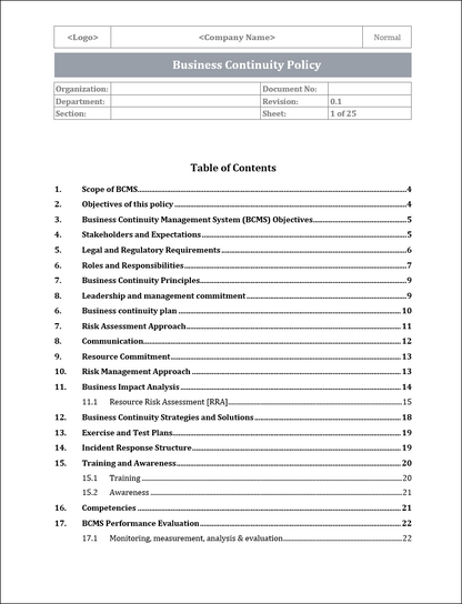 ISO 22301 Documentation Toolkit for Business Continuity