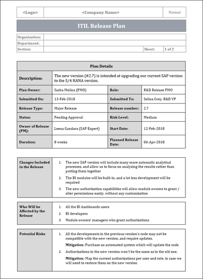 ITIL Release Plan Template