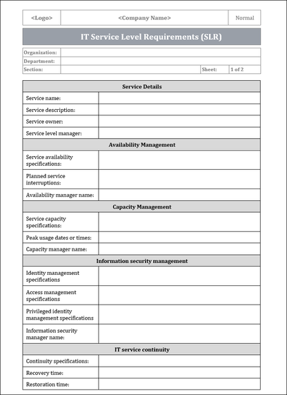 IT Service Level requirement Template, IT Service Level requirement 