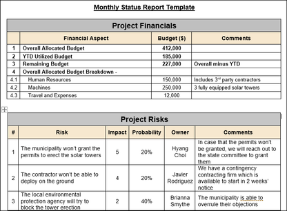 Monthly Status Report Template