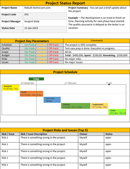 One page weekly status report Template