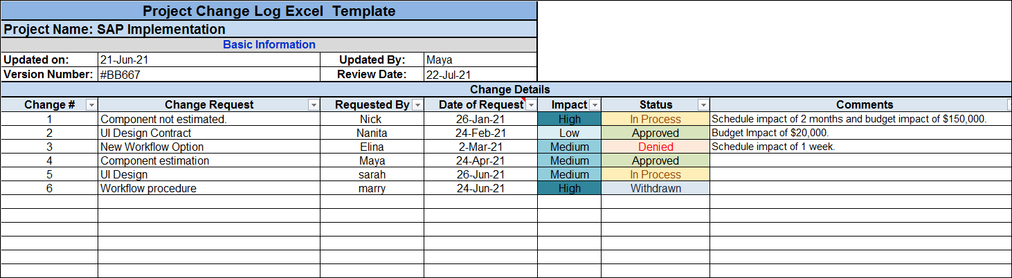 Project Change Log Excel Template
