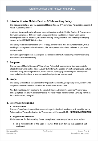 teleworking policy, mobile devices policy, mobile devices